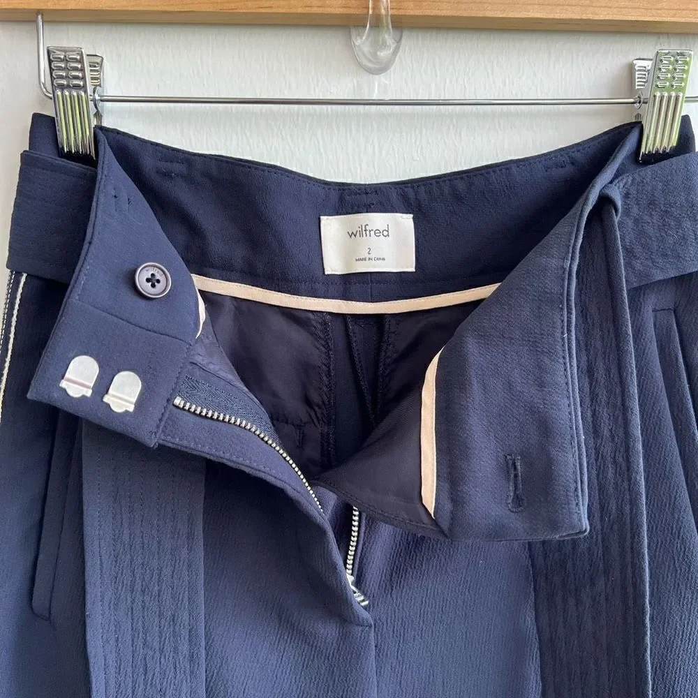 Aritzia Wilfred Women Size 2 Tie Front High Rise Cropped Ankle Blue Pants Belted